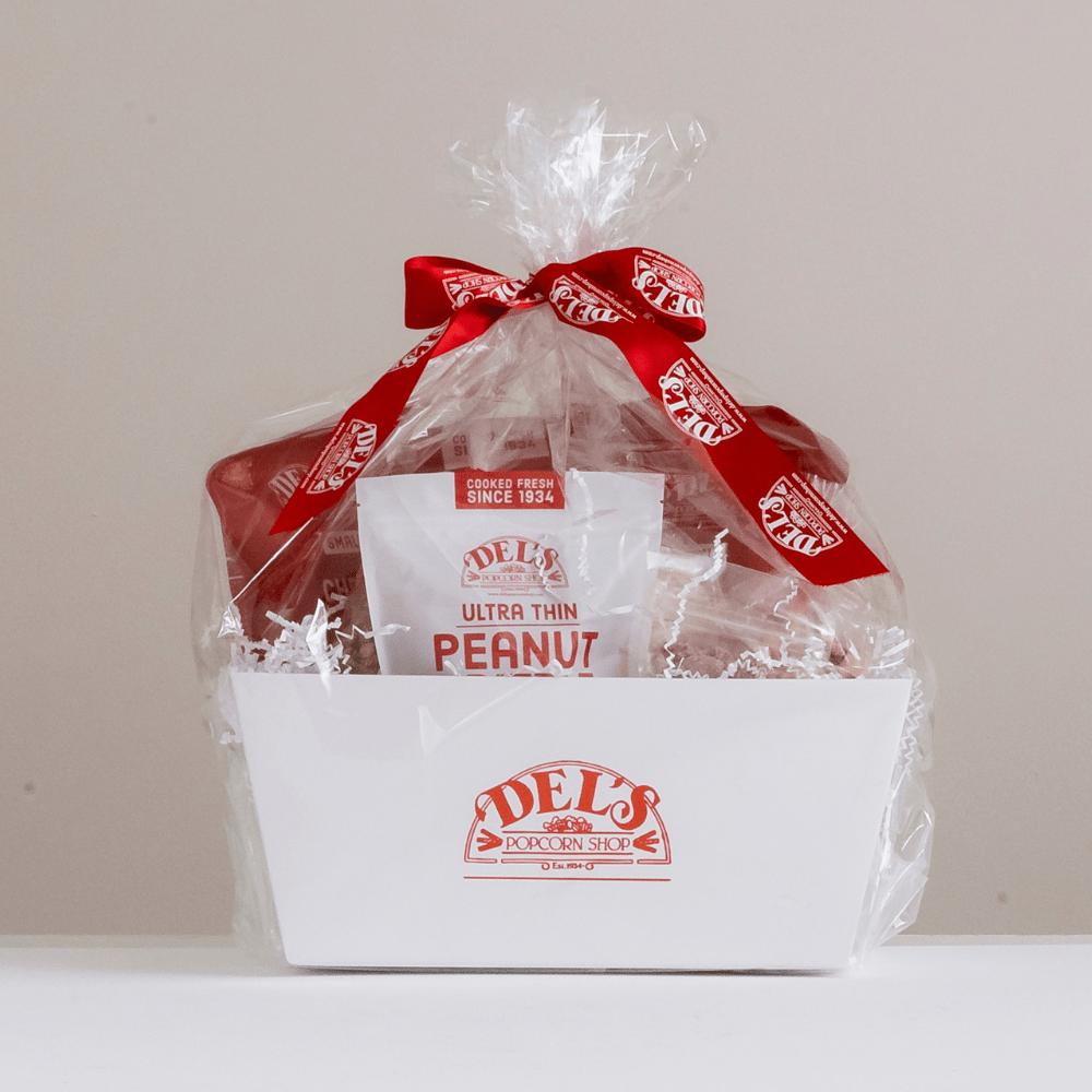 Del's gourmet popcorn gift basket with tasty treats