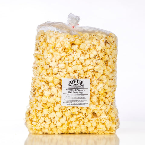 half party bag of Del's seasoned popcorn