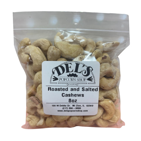 8 oz. bag of Del's roasted and salted cashews - Del's popcorn shop