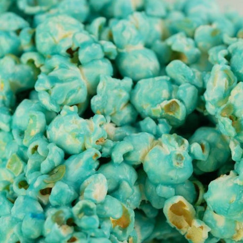 Close-up of Del's blue vanilla candy-coated popcorn