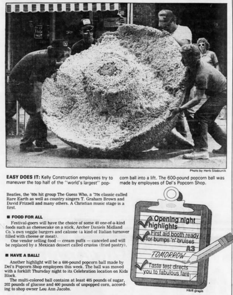 Today in Del's History - Decatur Celebrates Massive Popcorn Ball at 1990 Decatur Celebration - Del's Popcorn Shop