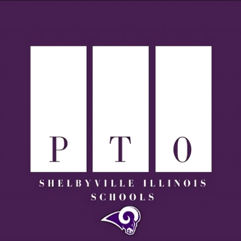 Logo for Shelbyville Illinois Schools PTO on a purple background with a school logo.