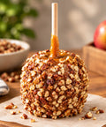 A close-up of a caramel apple coated in chopped nuts, standing on parchment paper on a wooden table with apples and a bowl of nuts in the background.