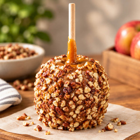 A close-up of a caramel apple coated in chopped nuts, standing on parchment paper on a wooden table with apples and a bowl of nuts in the background.