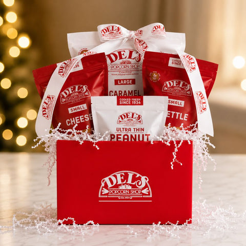 Del's Premium Snack Box with Large Caramel Popcorn, Kettle Corn, Cheese Popcorn, and Peanut Brittle