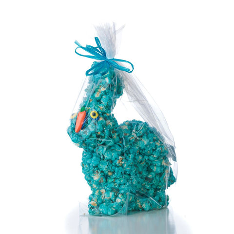 Blue Easter popcorn bunny packed with a blue ribbon on a white background