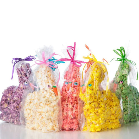 Colorful popcorn bunnies for Easter - all wrapped in transparent cellophane 