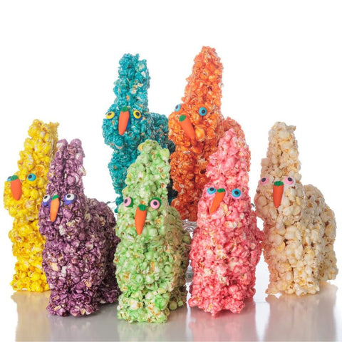 Colorful popcorn bunnies for Easter made with non-GMO corn