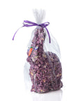 Purple popcorn bunny wrapped in transparent cellophane on a white background