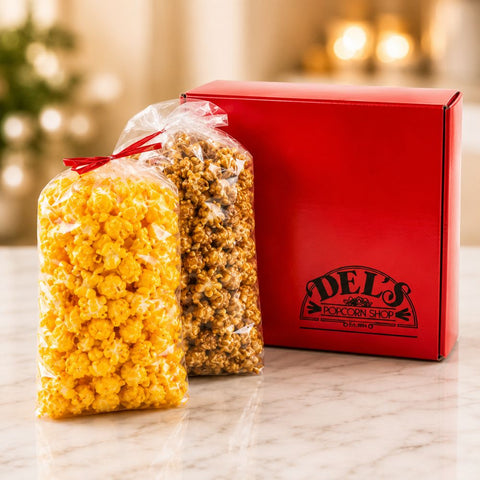 Small Red Del's Popcorn Gift Box with fresh caramel corn and cheese popcorn in a signature red gift box