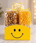 Smiley Face Gift Box Basket with Three bags of popcorn - caramel, cheddar cheese, and seasoned popcorn