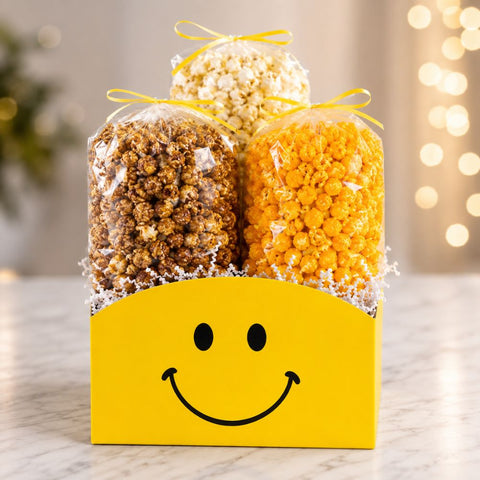 Smiley Face Gift Box Basket with Three bags of popcorn - caramel, cheddar cheese, and seasoned popcorn