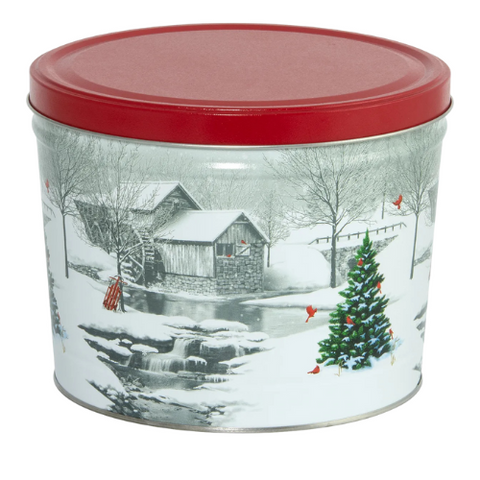 2 Gallon "Snow Covered Mill" Holiday Popcorn Tin
