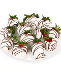 Assorted chocolate-covered strawberries on a white plate with a white background