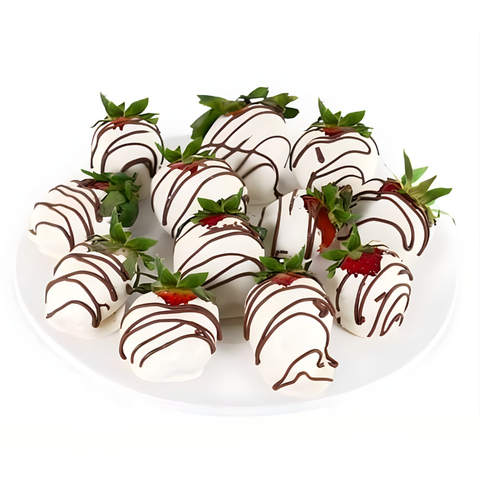 Assorted chocolate-covered strawberries on a white plate with a white background