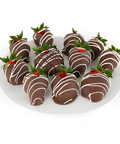 Chocolate-dipped strawberries on a white plate with a white background