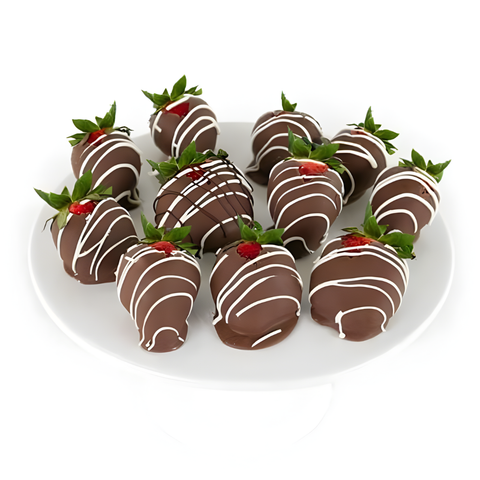 Chocolate-dipped strawberries on a white plate with a white background